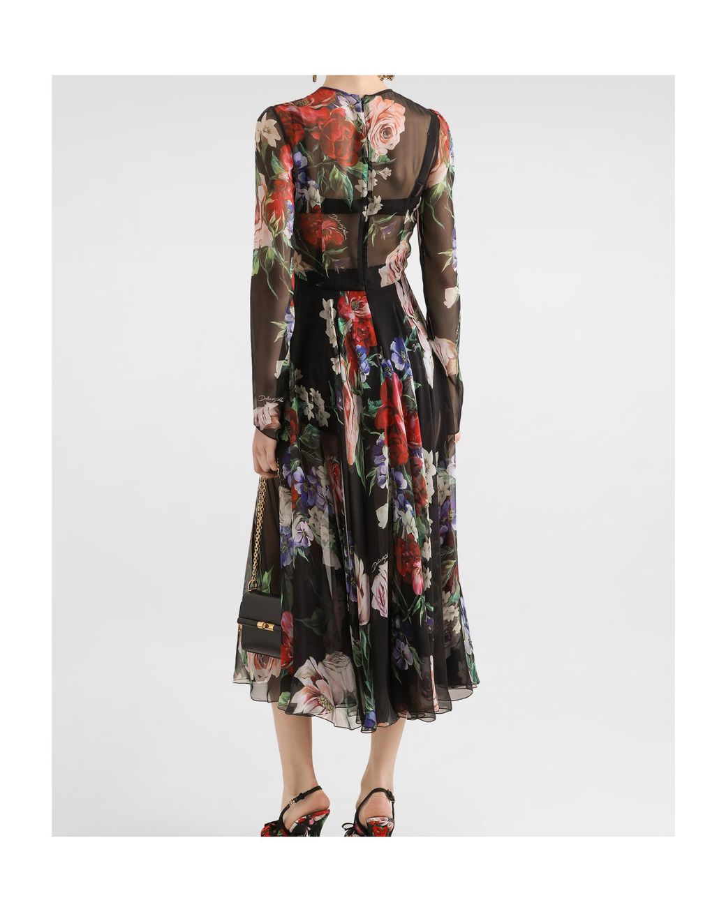 Dolce & Gabbana Black Floral Printed Chiffon Calf-Length Dress