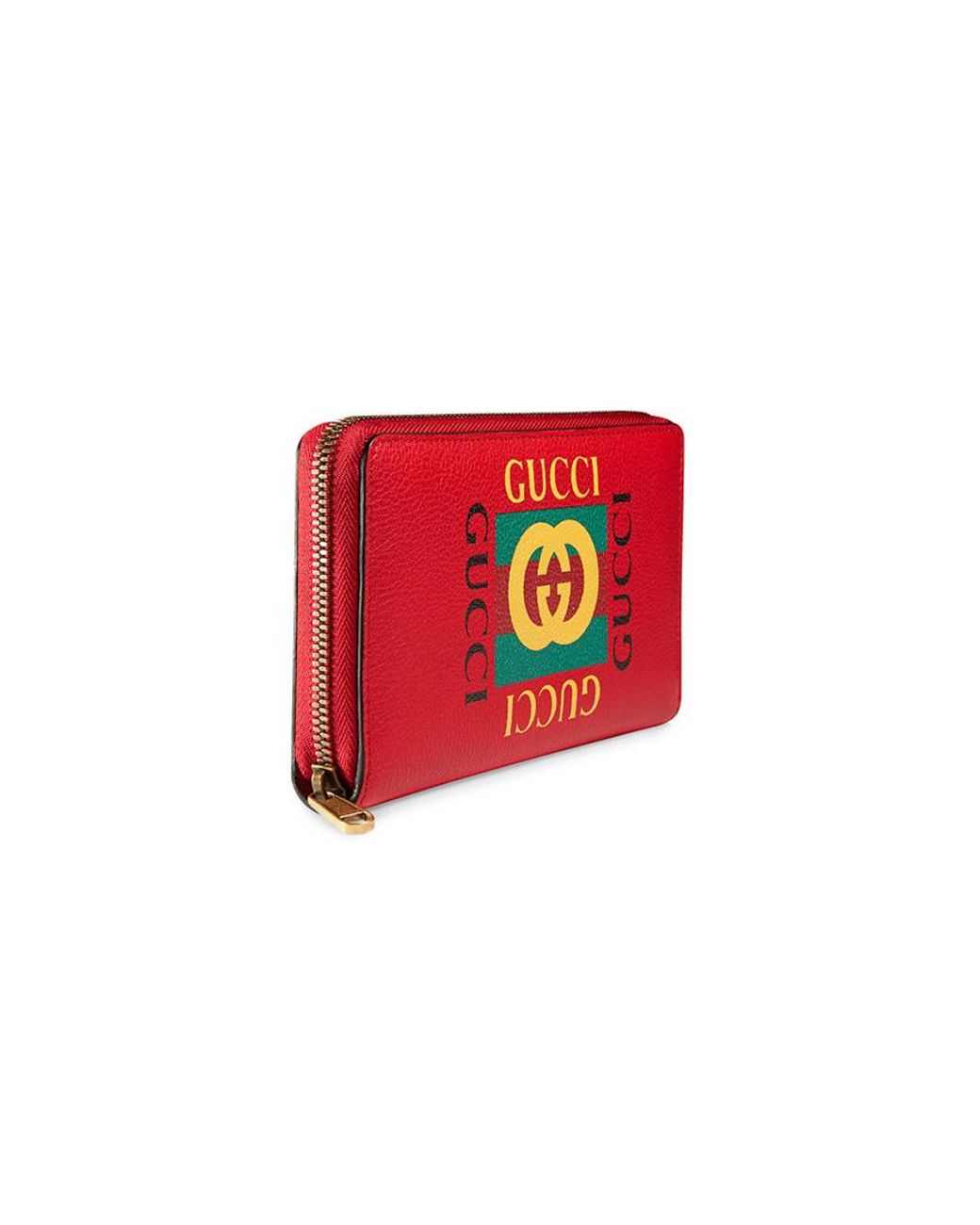 Gucci Red Print Leather Zip Around Wallet