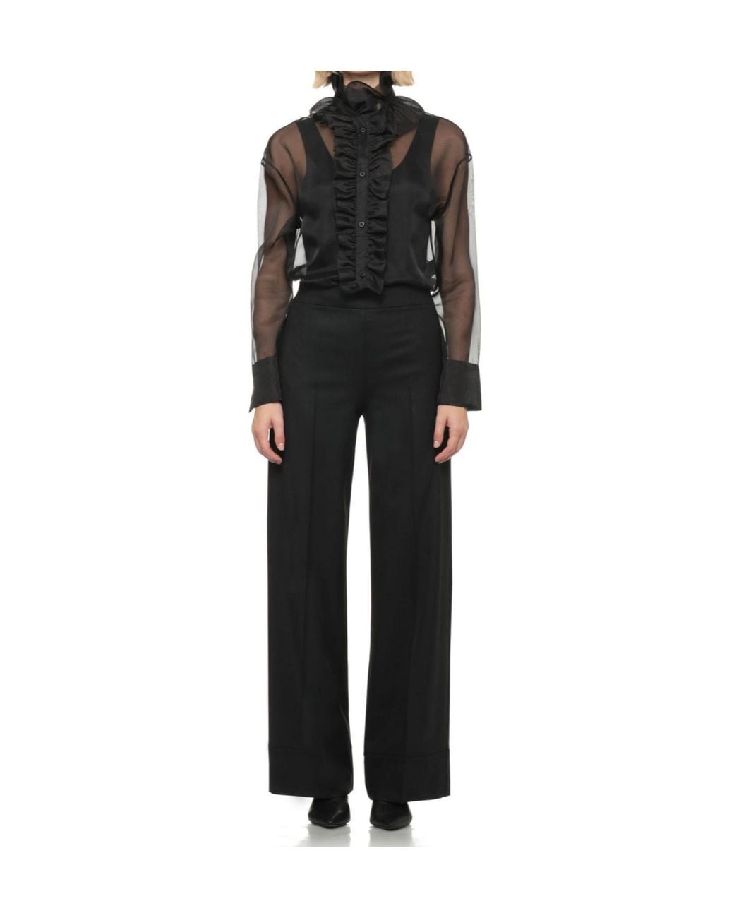 D.exterior Gray Ruffled Sheer Button-Up Top