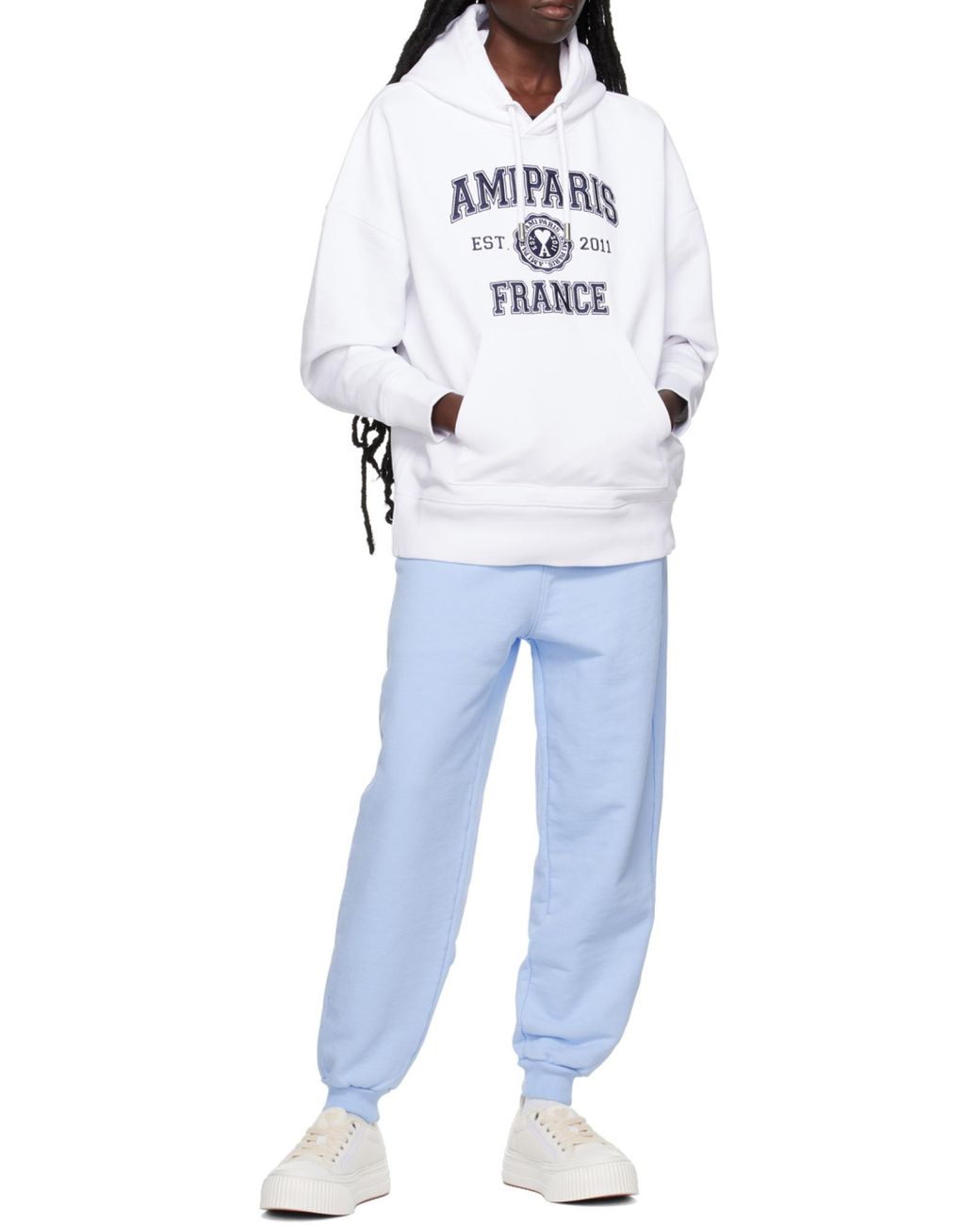 AMI White Logo-Printed Long-Sleeved Drawstring Hoodie for men