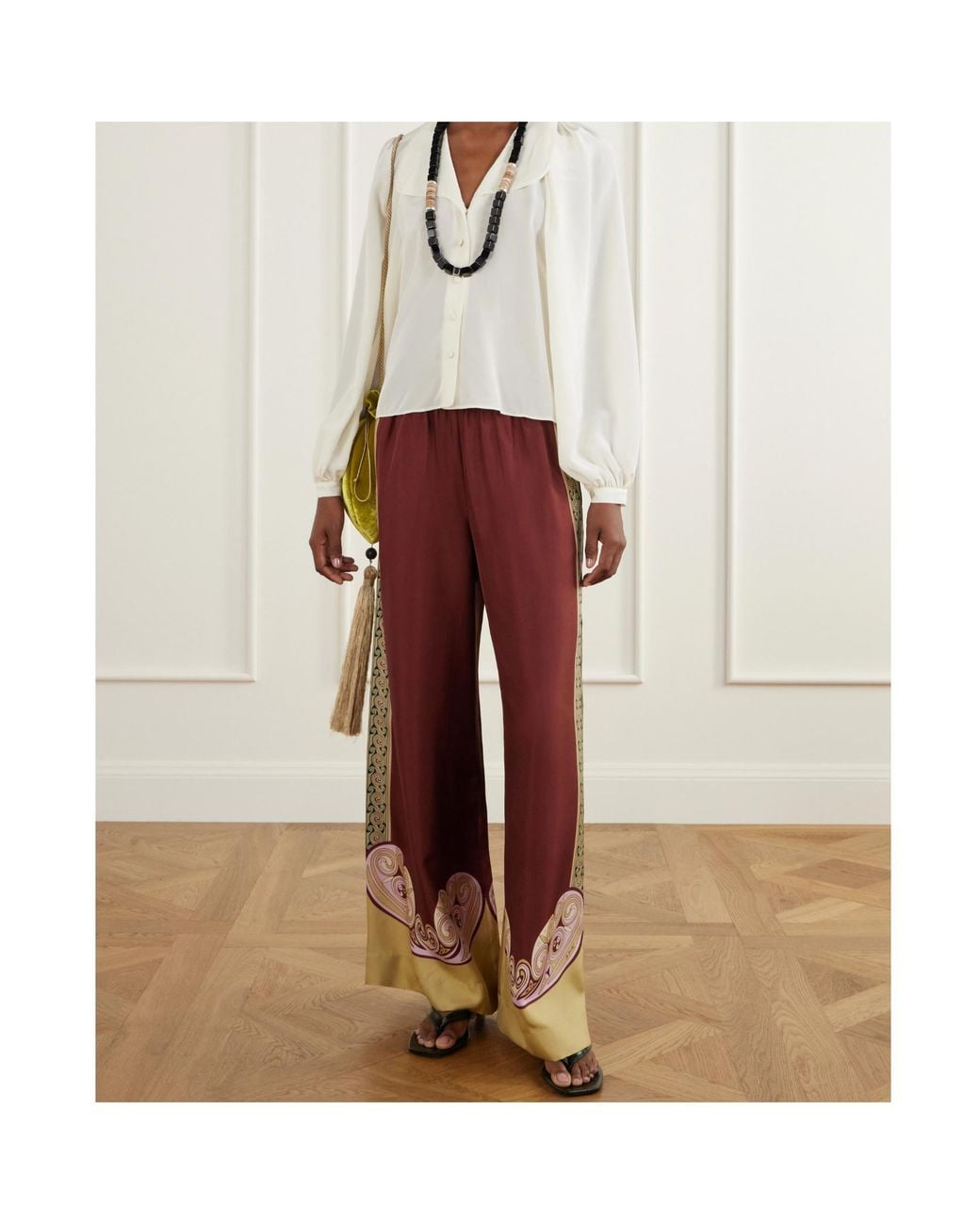 LaDoubleJ Red Palazzo Printed Silk-Twill Wide-Leg Pants