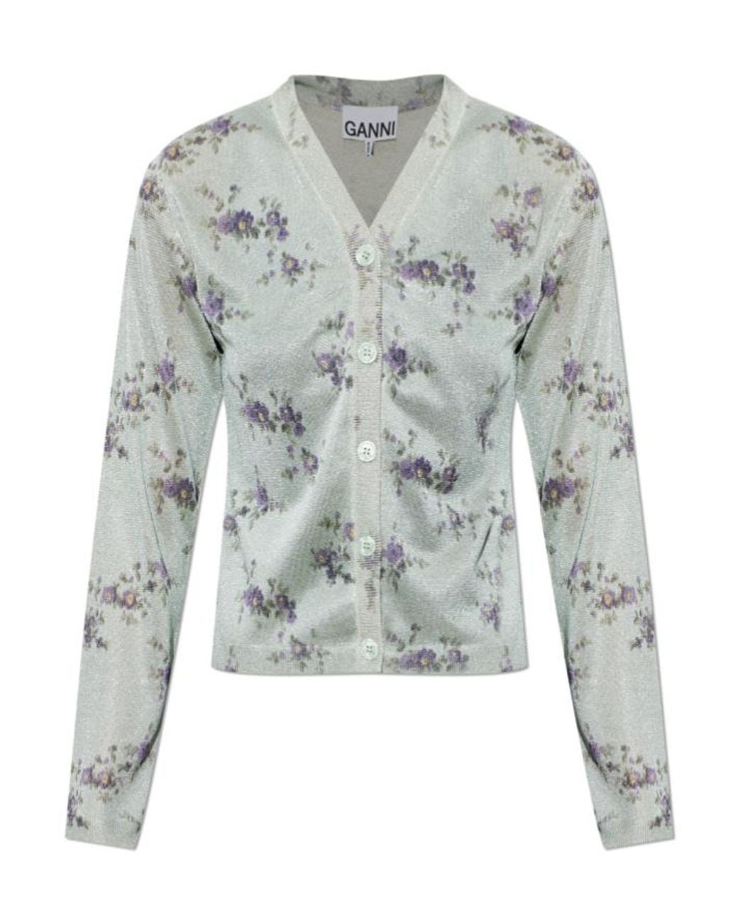 Ganni Gray Floral Motif Knitted Cardigan