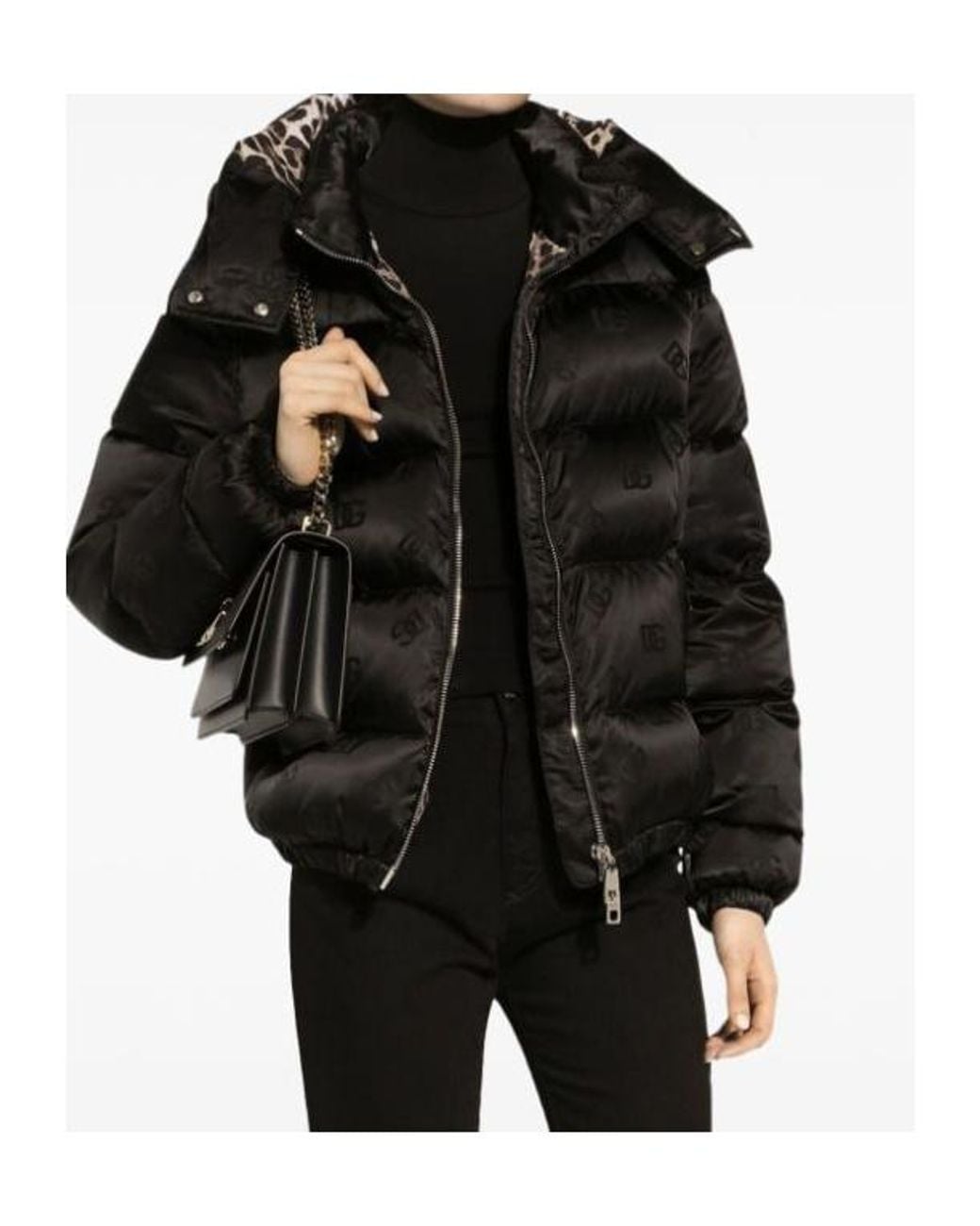 Dolce & Gabbana Black Padded Satin Jacquard Down Jacket With All-Over Dg Logo