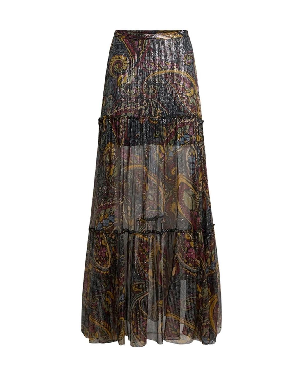 Etro Brown Silk Maxi Skirt With Striped Floral Paisley Motif
