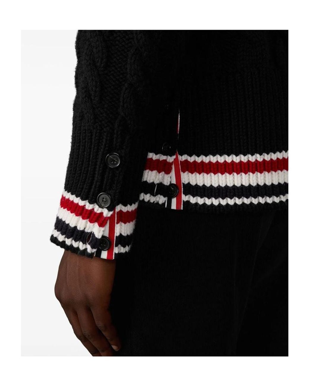 Thom Browne Black V-Neck Stripe-Hem Cardigan for men