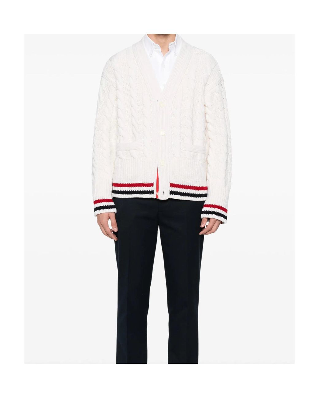 Thom Browne White V-Neck Long-Sleeved Knitted Sweater for men