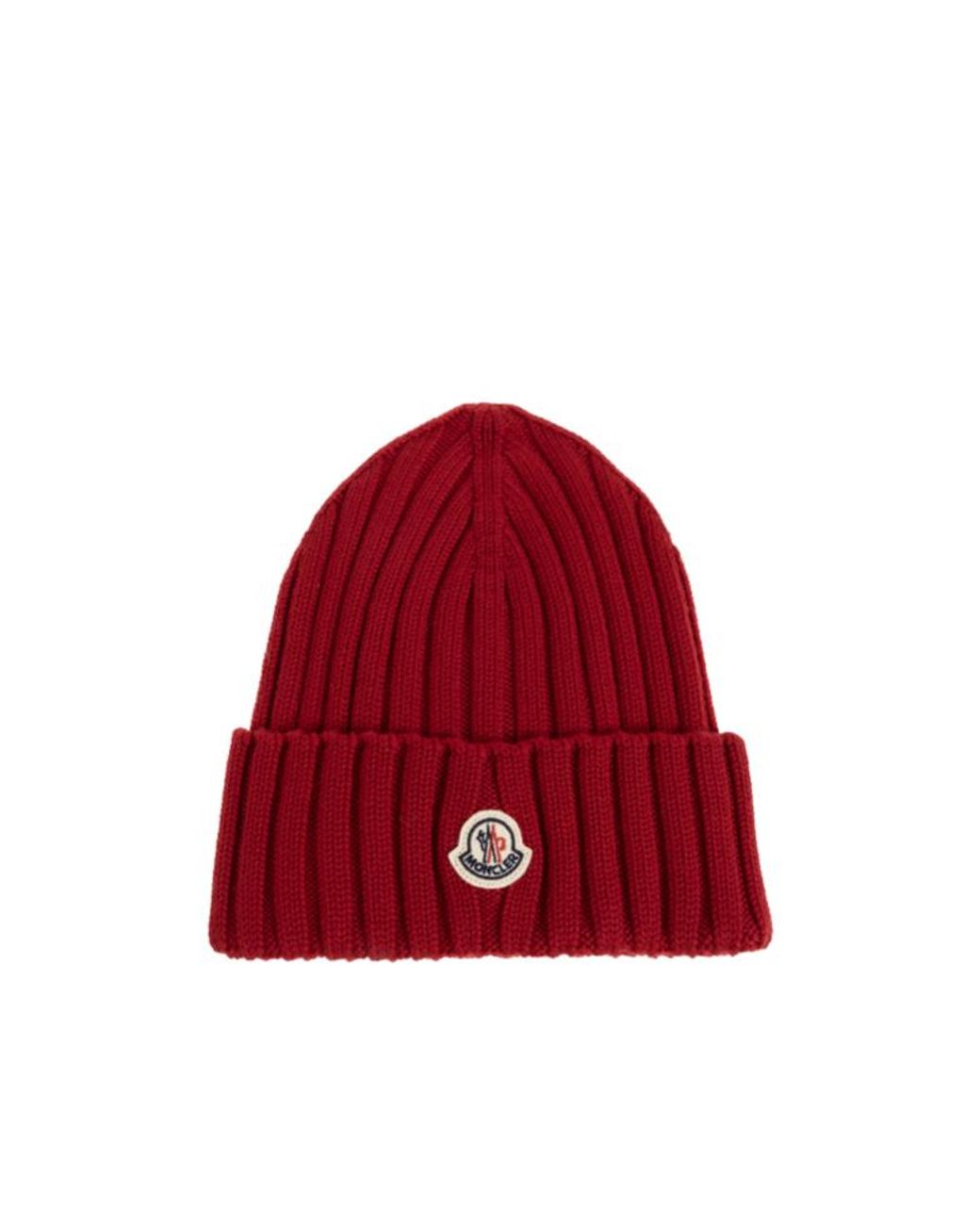 Moncler Red Logo Patch Knitted Beanie Hat