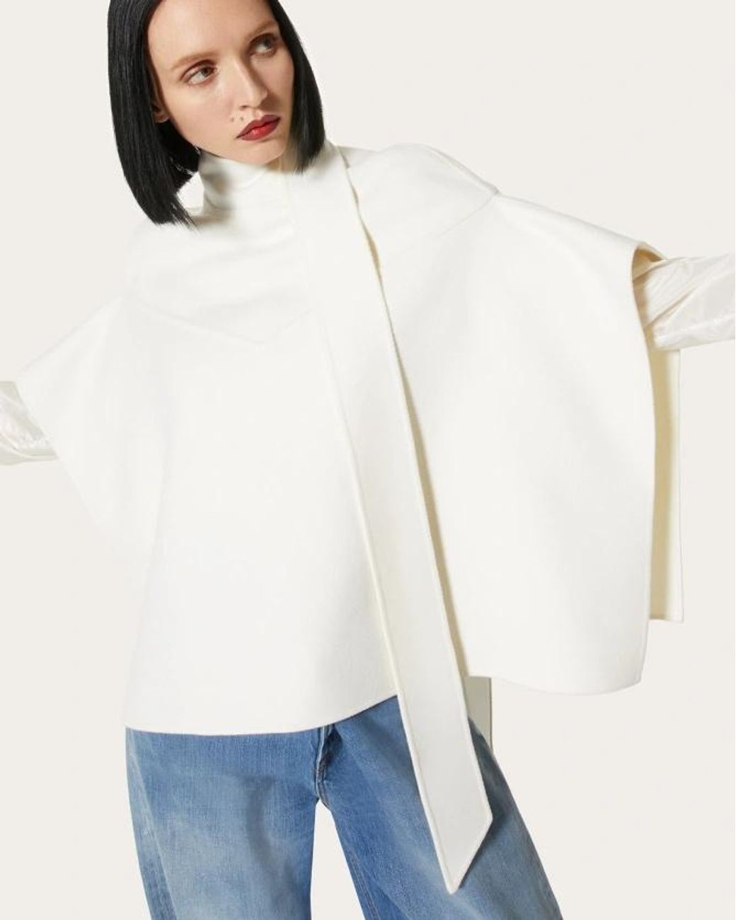 Valentino White Neck-Tie Cape Coat