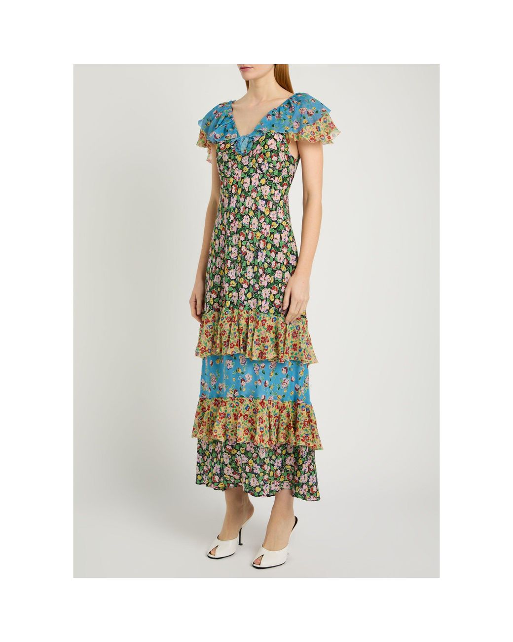 Rixo Blue Floral Silk Maxi Dress