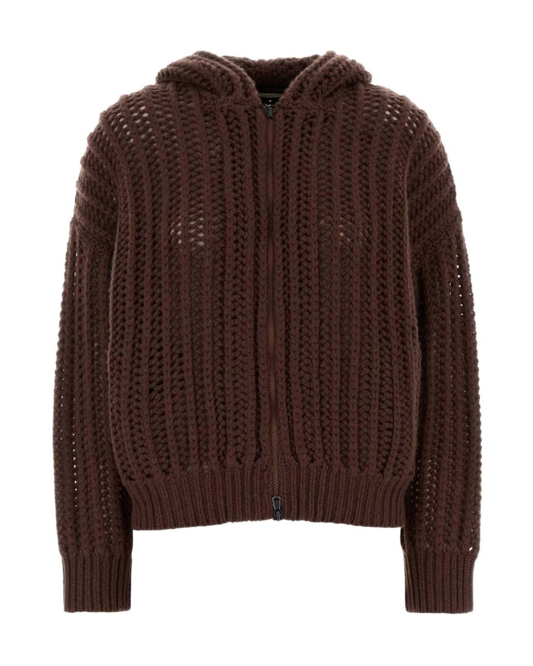 Brunello Cucinelli Brown Openwork Rib Hooded Cardigan