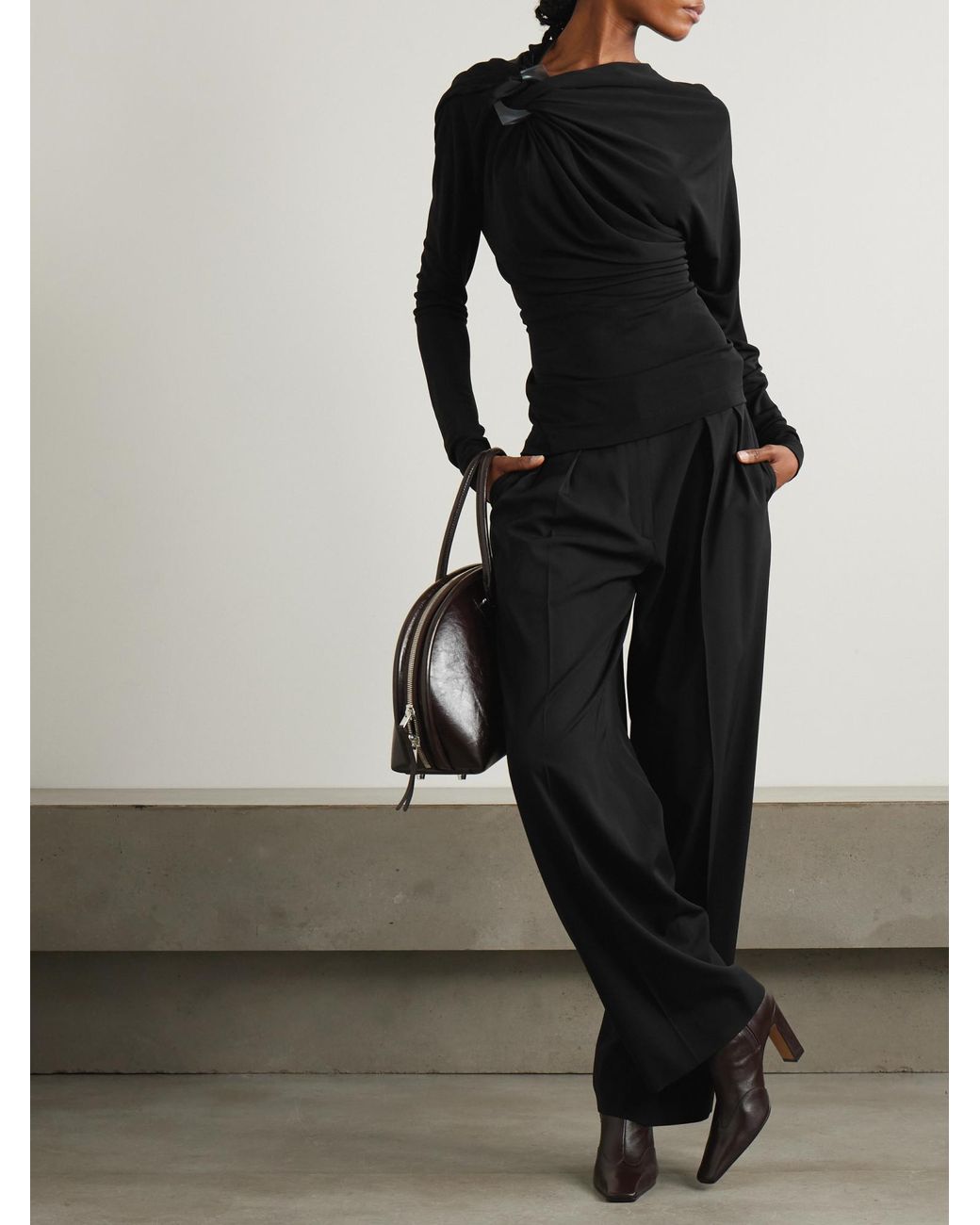 Victoria Beckham Black Asymmetric Embellished Draped Jersey Top