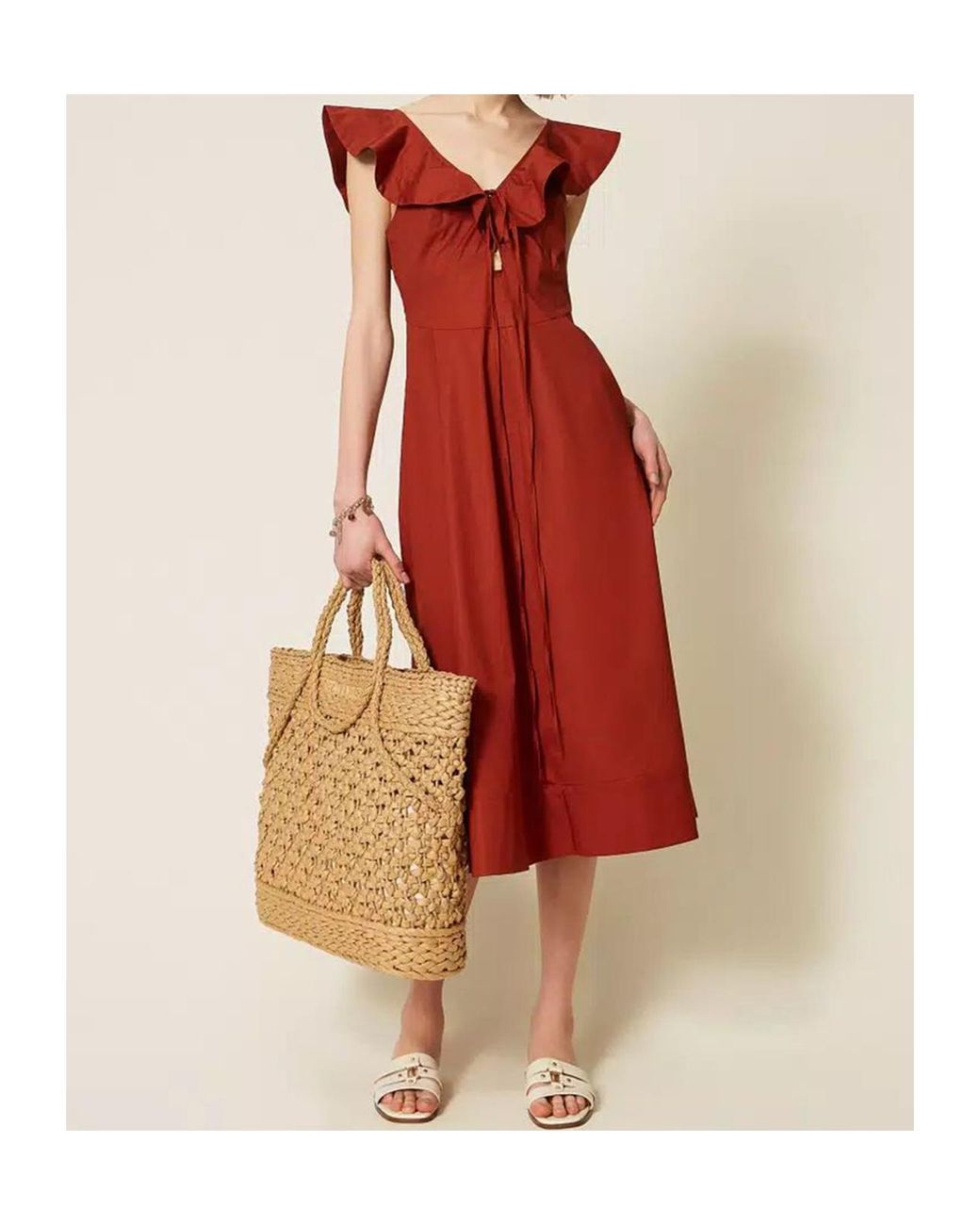 Twinset Red Ruffled Open-Back Midi Dress