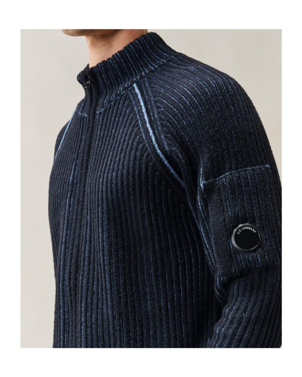 C P Company Blue Fleece Knit Lens Full Zip Cardigan for men