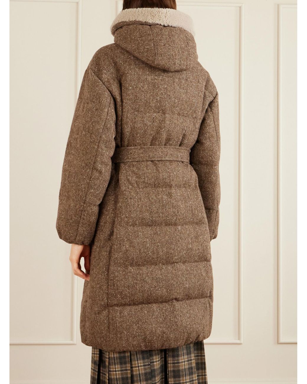 Brunello Cucinelli Brown Virgin Wool Donegal Down Coat With Shearling Inserts And Monili