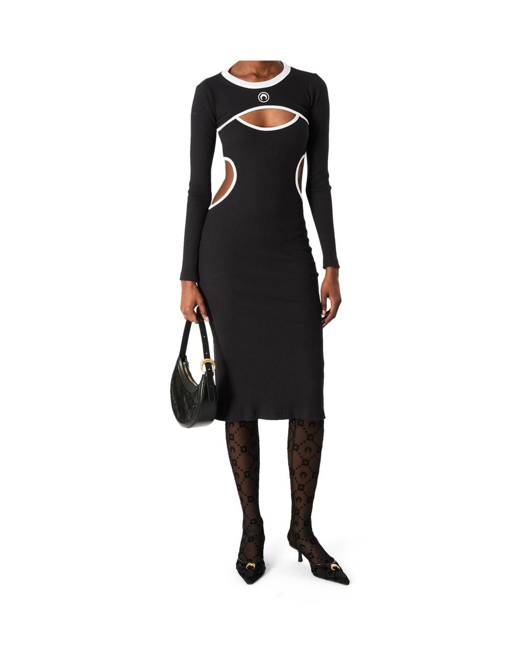 MARINE SERRE Black Moon Logo Bicolor Ribbed Jersey Cut-Out Long Dress