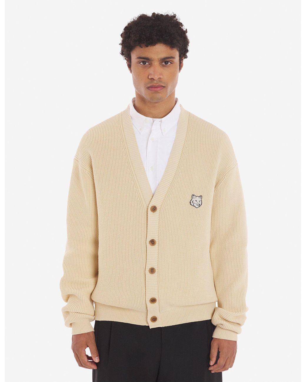 Maison Kitsuné Natural Maison Kitsuné Fox Head Embroidered Knitted Cardigan for men