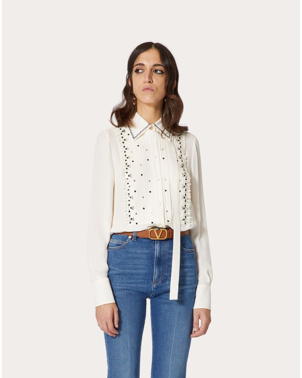 Valentino White Logo Lapel Long-Sleeved Shirt