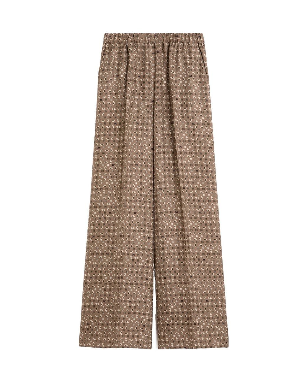 Max Mara Brown Silk Twill Printed Wide-Leg Trousers