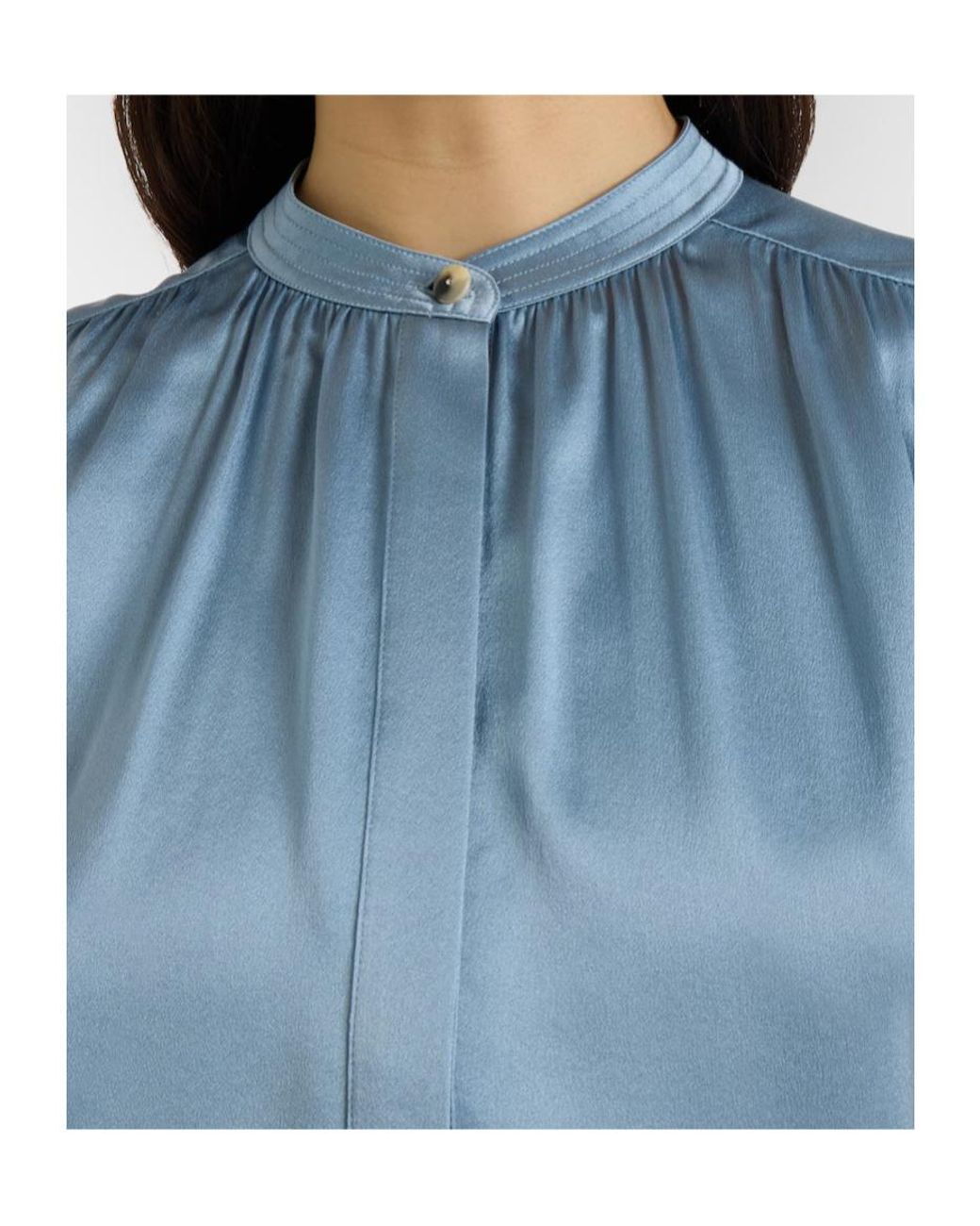 Vince Blue Gathered Silk Satin Blouse