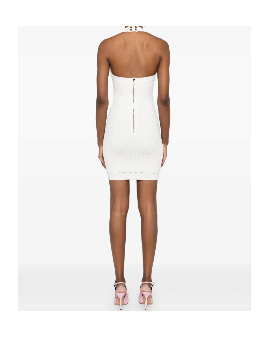 Balmain White Halterneck Ribbed Knit Mini Dress