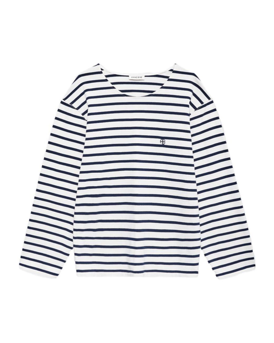 Anine Bing Blue Long-Sleeve Striped Relaxed Fit Top With Embroidered Logo