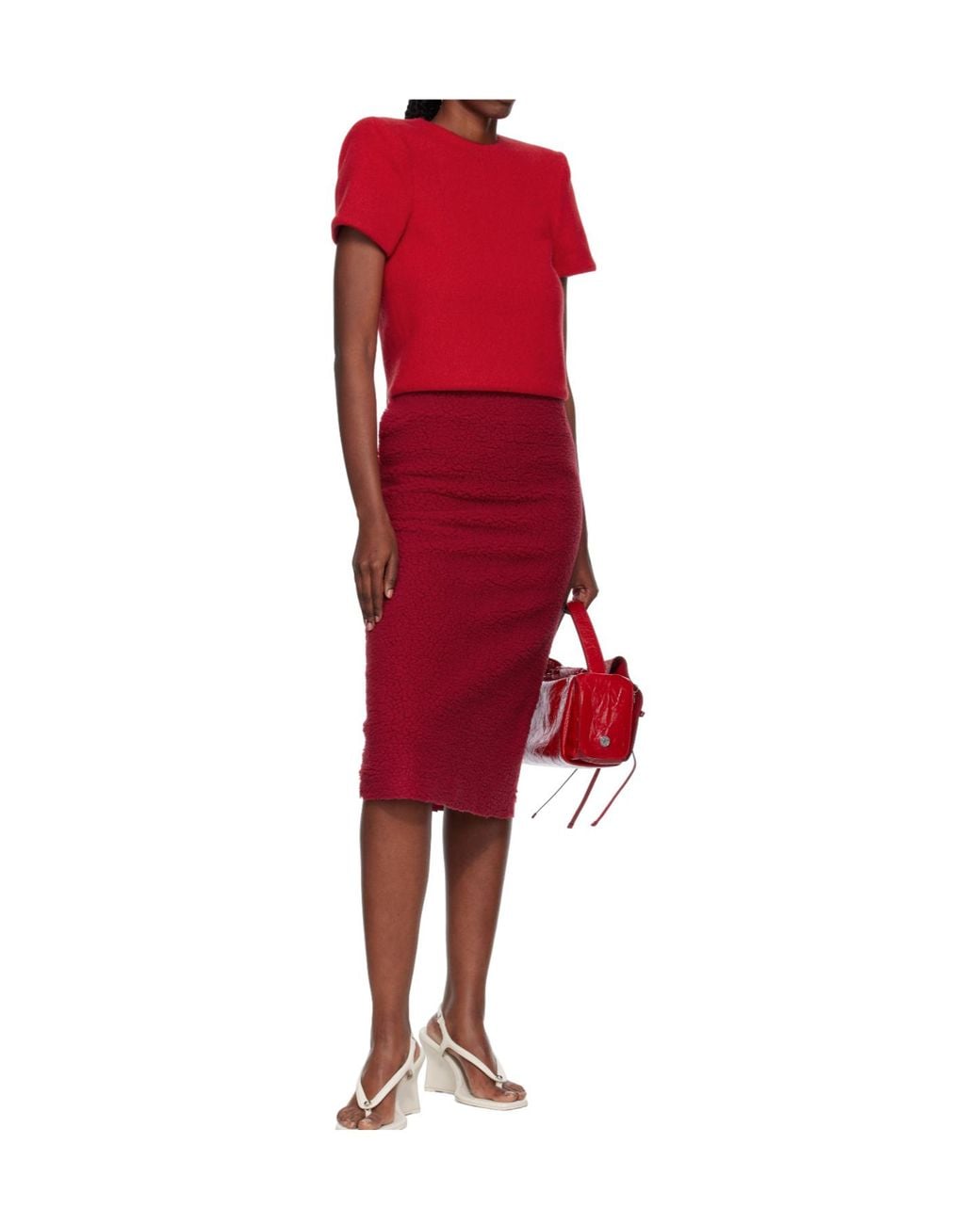 Pushbutton Red Patchwork Design Midi Skirt