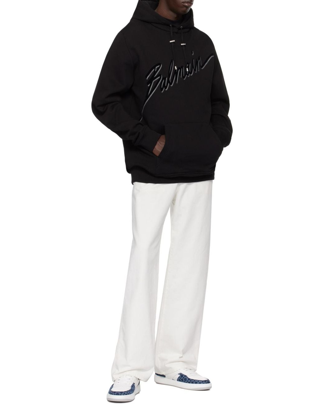 Balmain Blue Flocked-Logo Drawstring Hoodie for men