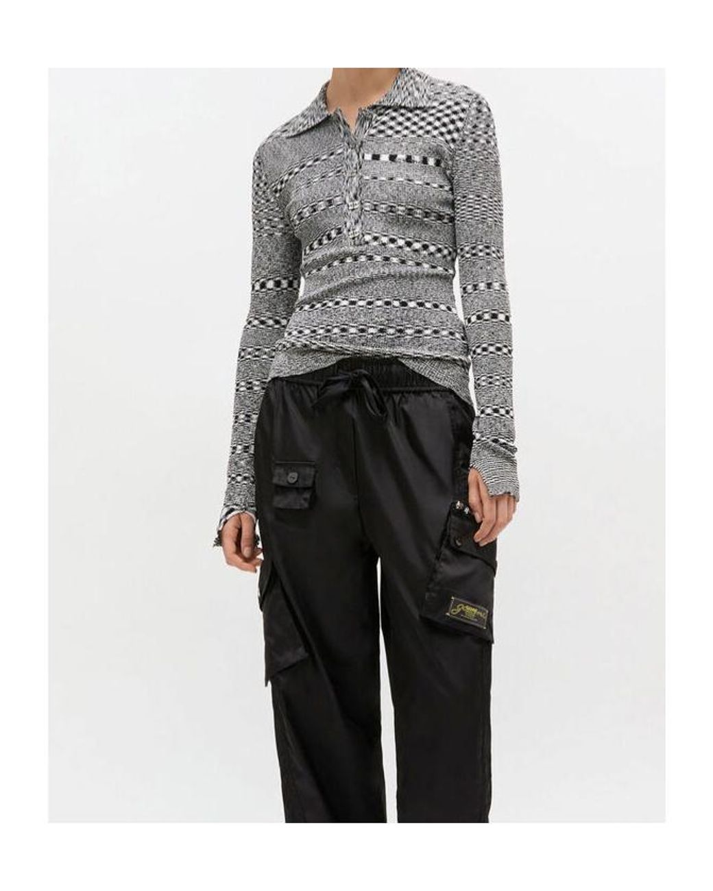 Ganni Gray Striped Knitted Polo Shirt