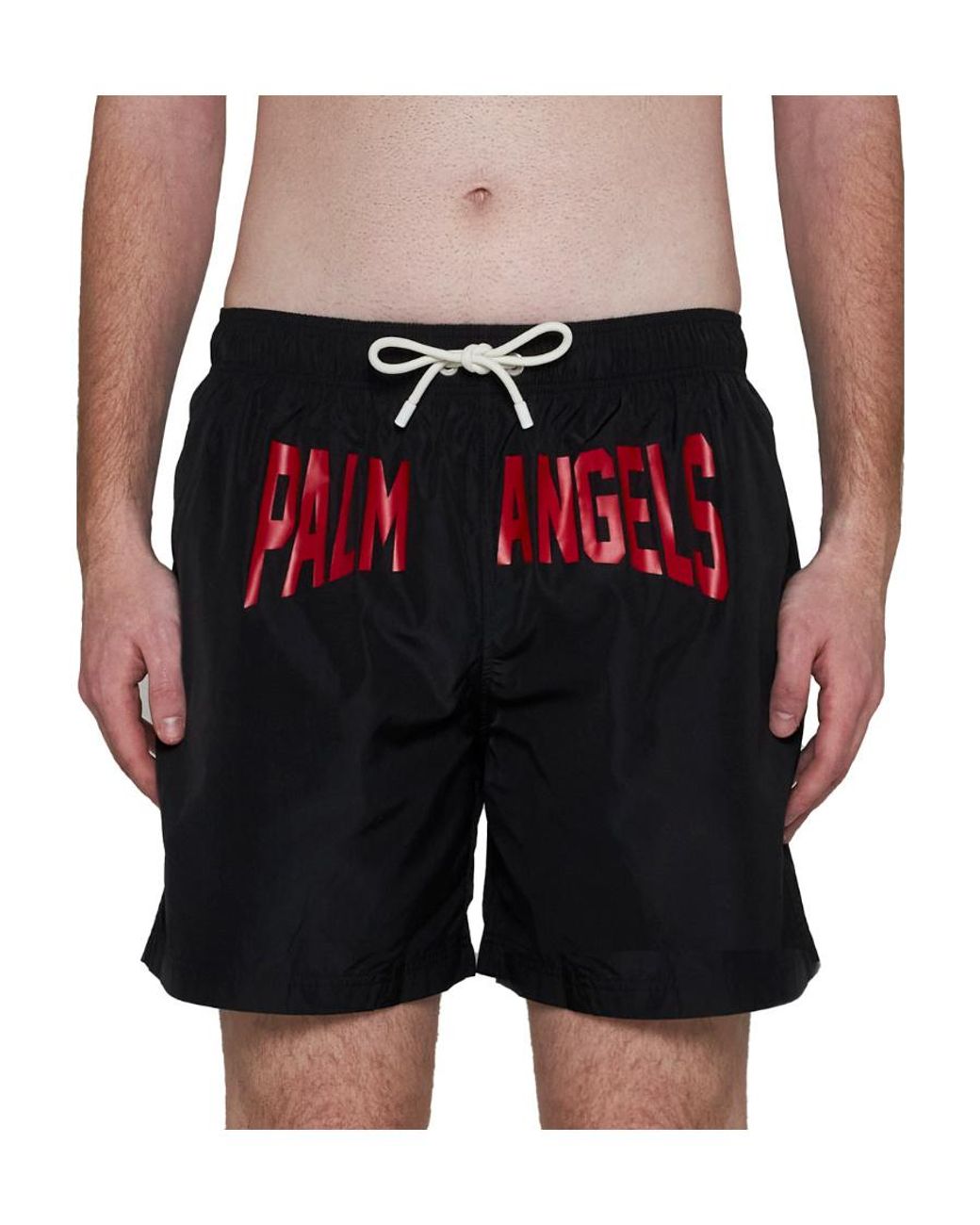 Palm Angels Black Logo-Printed Drawstring Swim Shorts for men