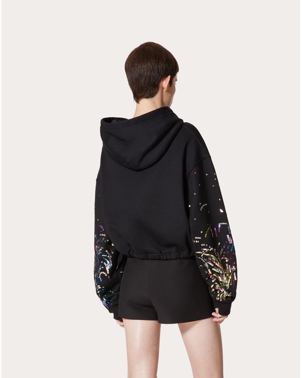 Valentino Black Sequin Logo Cropped Hoodie