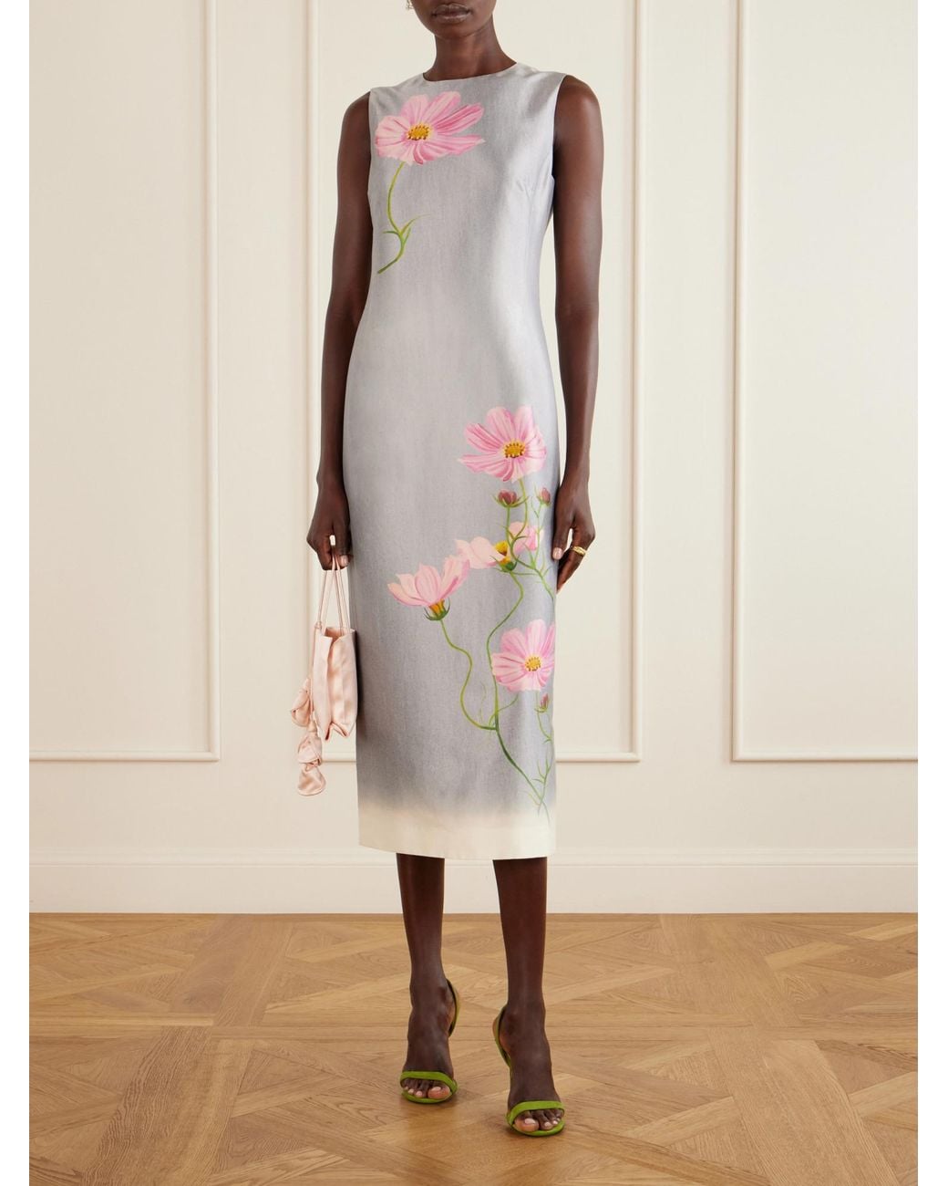 Oscar de la Renta White Floral-Print Satin Midi Dress