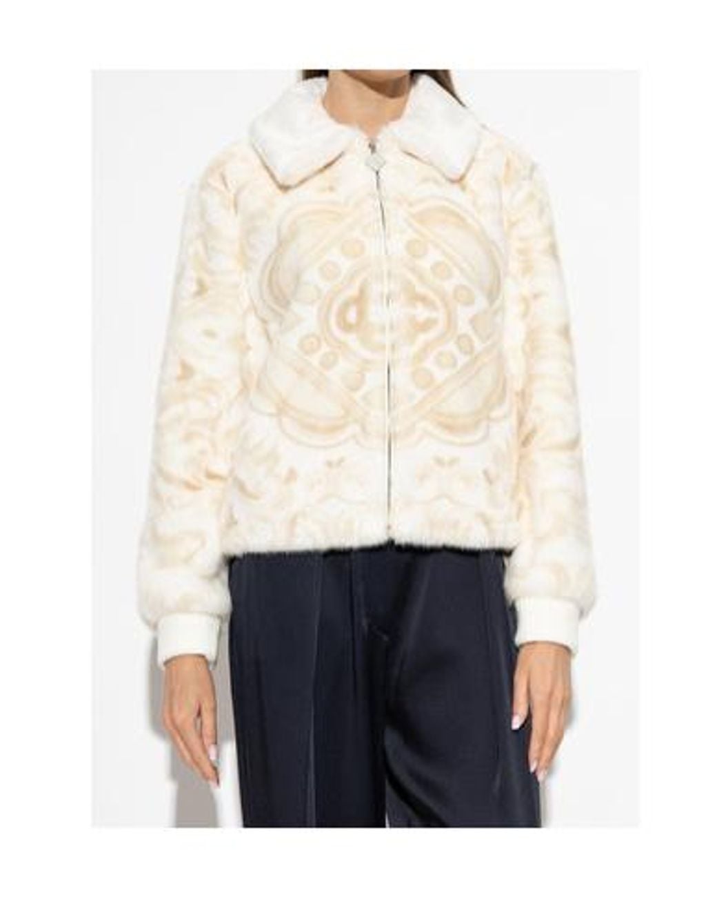 Casablanca Natural Ornate Faux Fur Zip Bomber Jacket