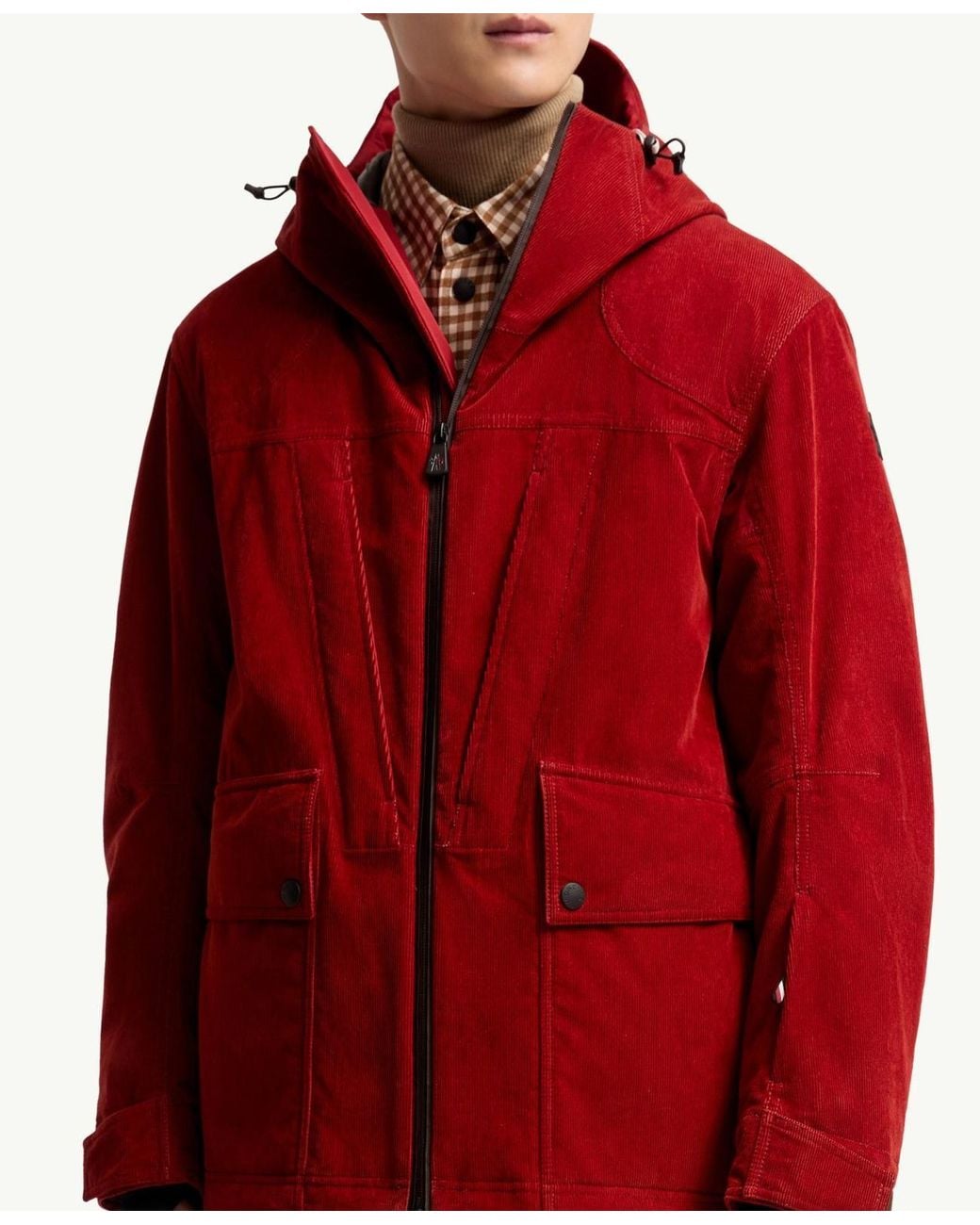 Moncler Red Airolo Corduroy Insulated Hooded Ski Jacket for men