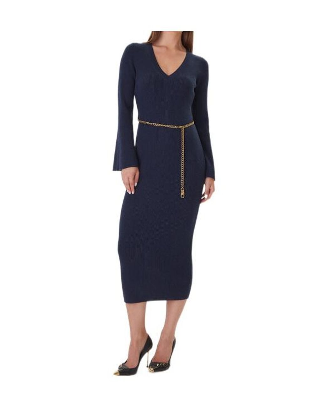 MICHAEL Michael Kors Blue Wool Blend Belted Midi Dress