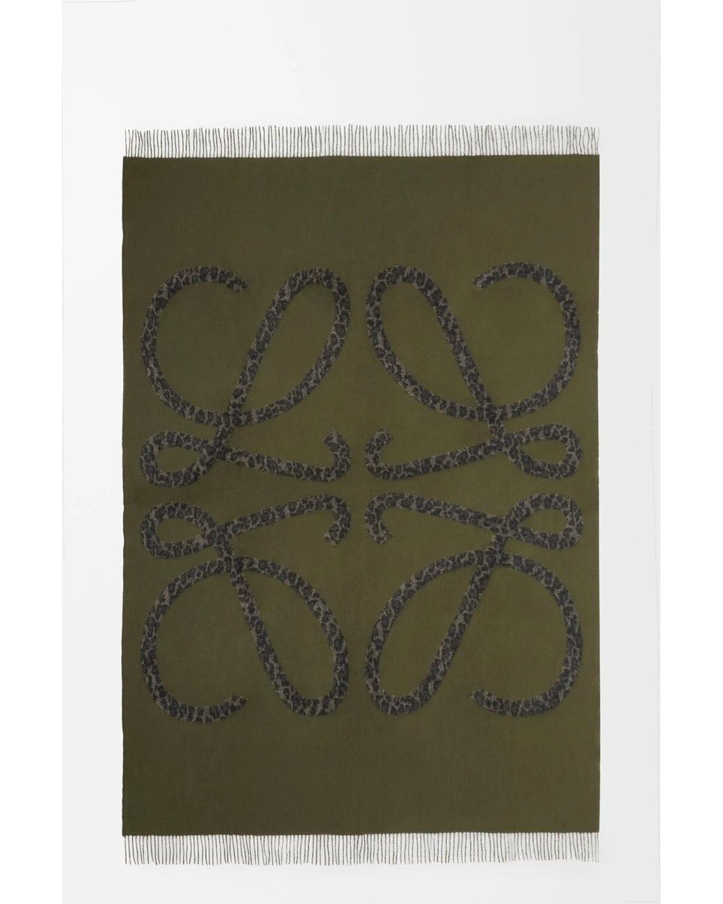 Loewe Green Reversible Leopard Fringe Scarf for men