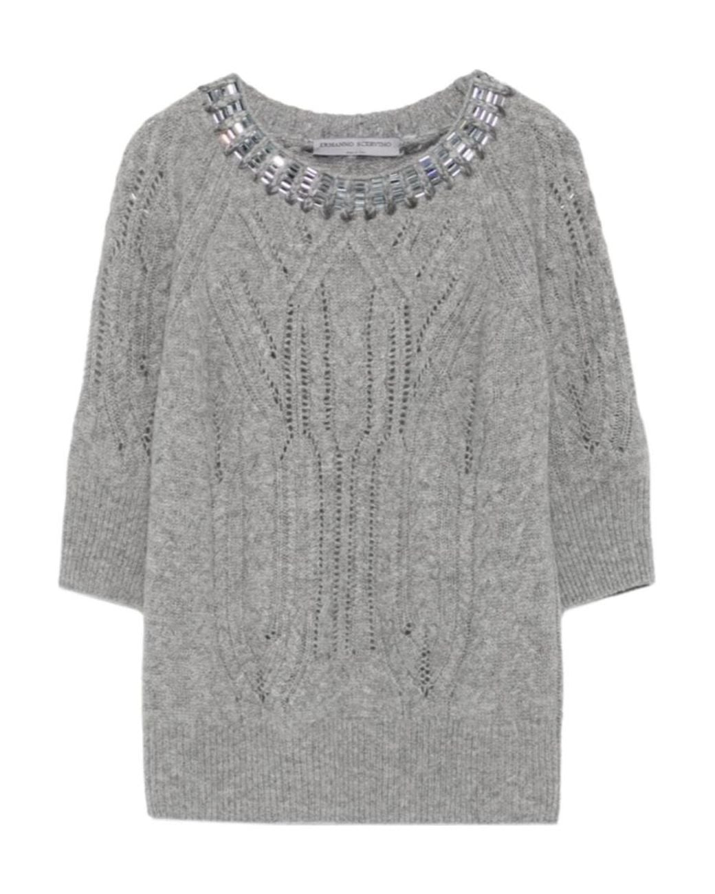 Ermanno Scervino Gray Crystal-Embellished Cable-Knit Cashmere Sweater