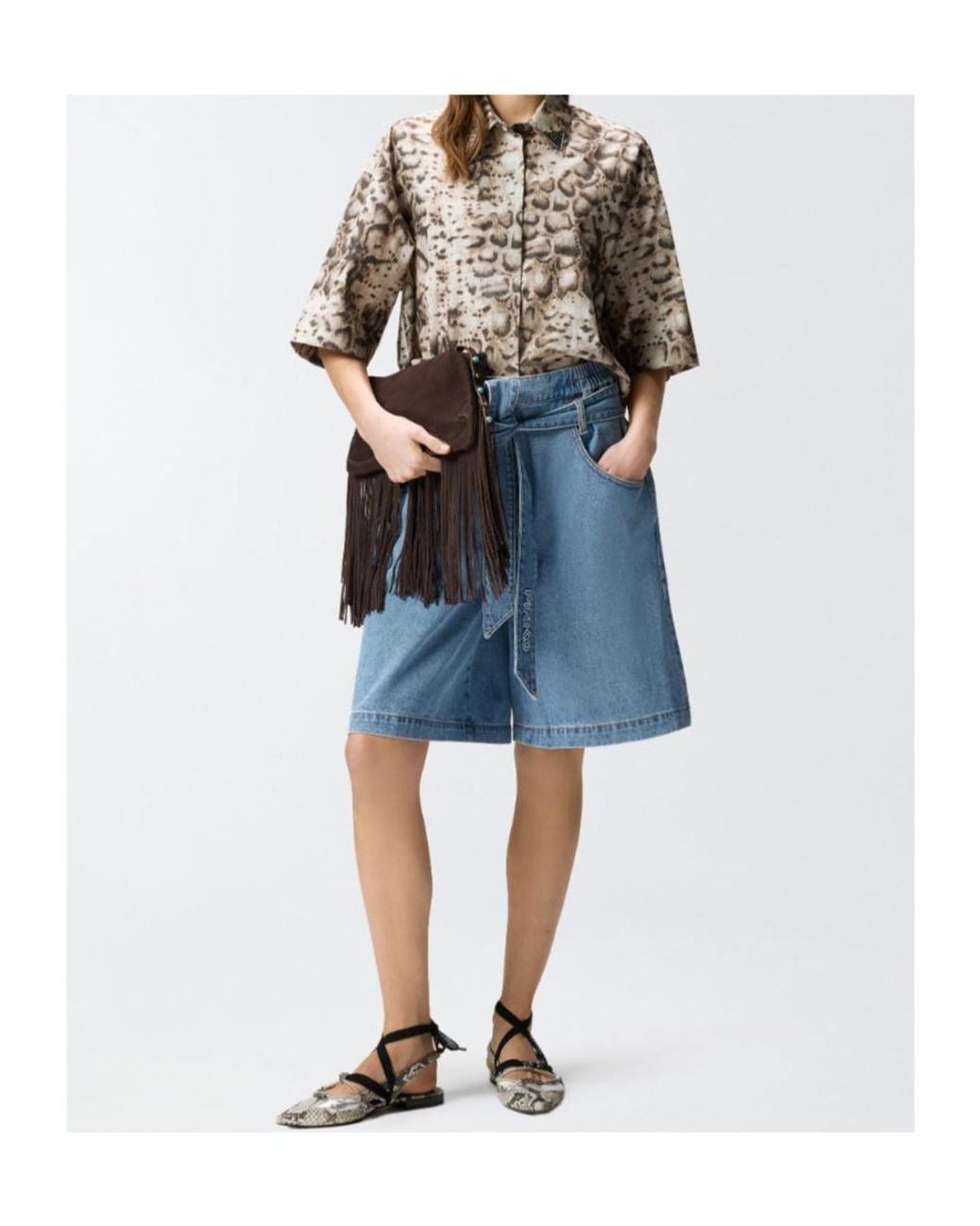 Pinko Blue Wide-Leg Denim Bermuda Shorts With Belt