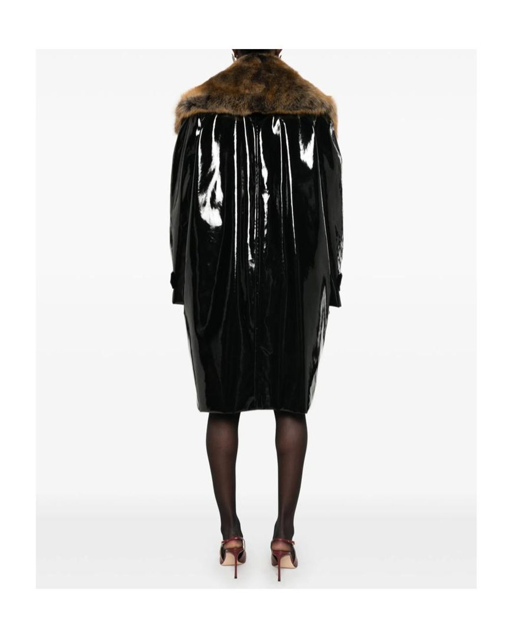 Saint Laurent Black Glossy Shearling-Collar Coat