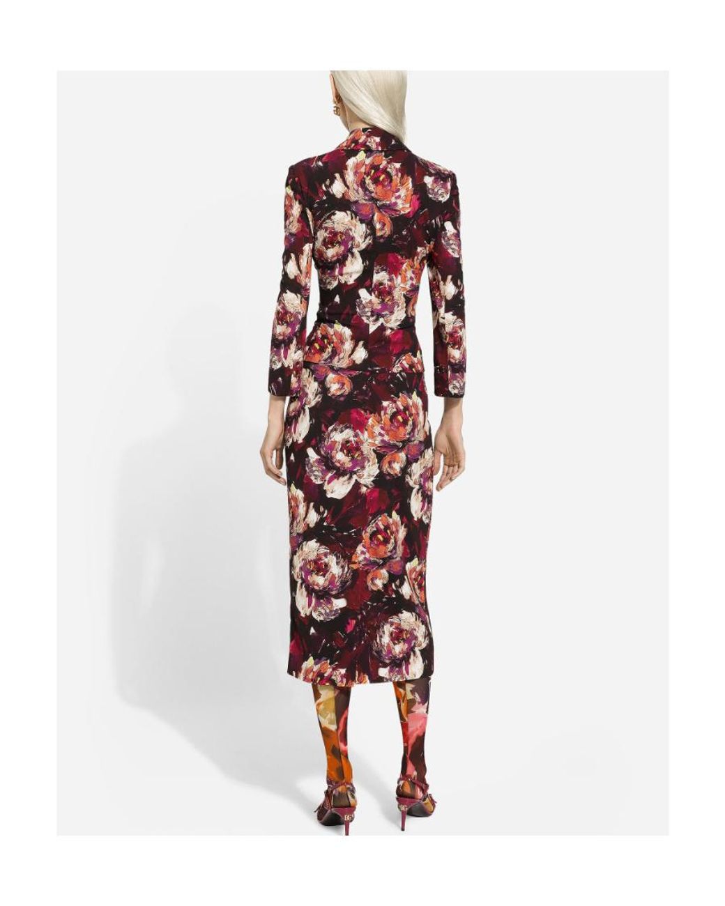 Dolce & Gabbana Red Peony Printed Cady Calf-Length Skirt