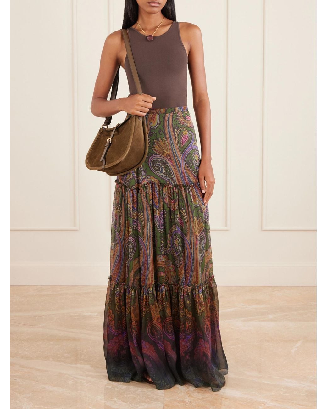 Etro Brown Logo-Detailed Leather-Trimmed Suede Shoulder Bag