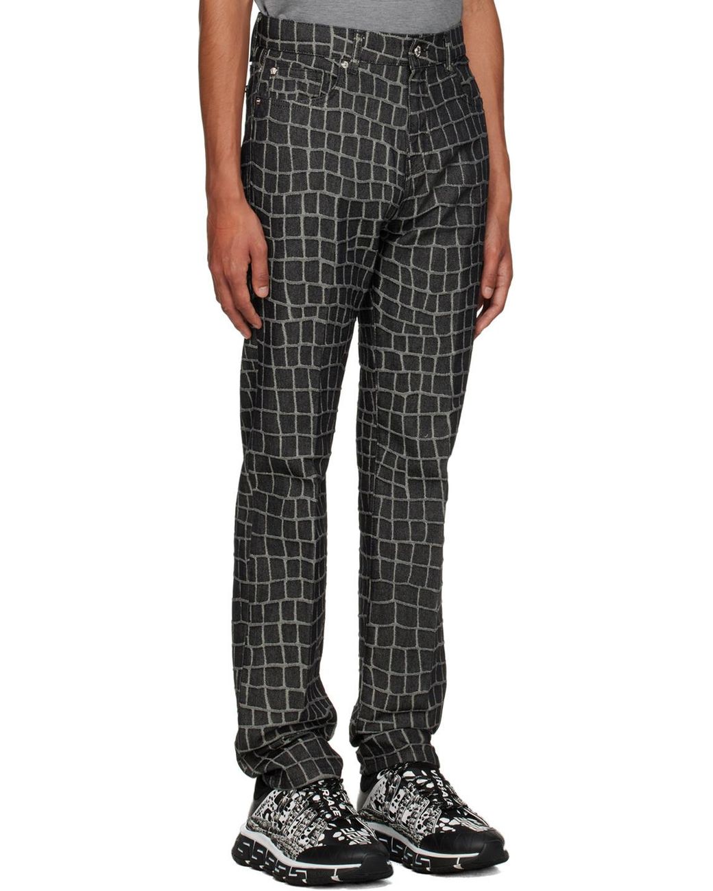 Versace Gray Crocodile-Print Straight-Leg Jeans for men