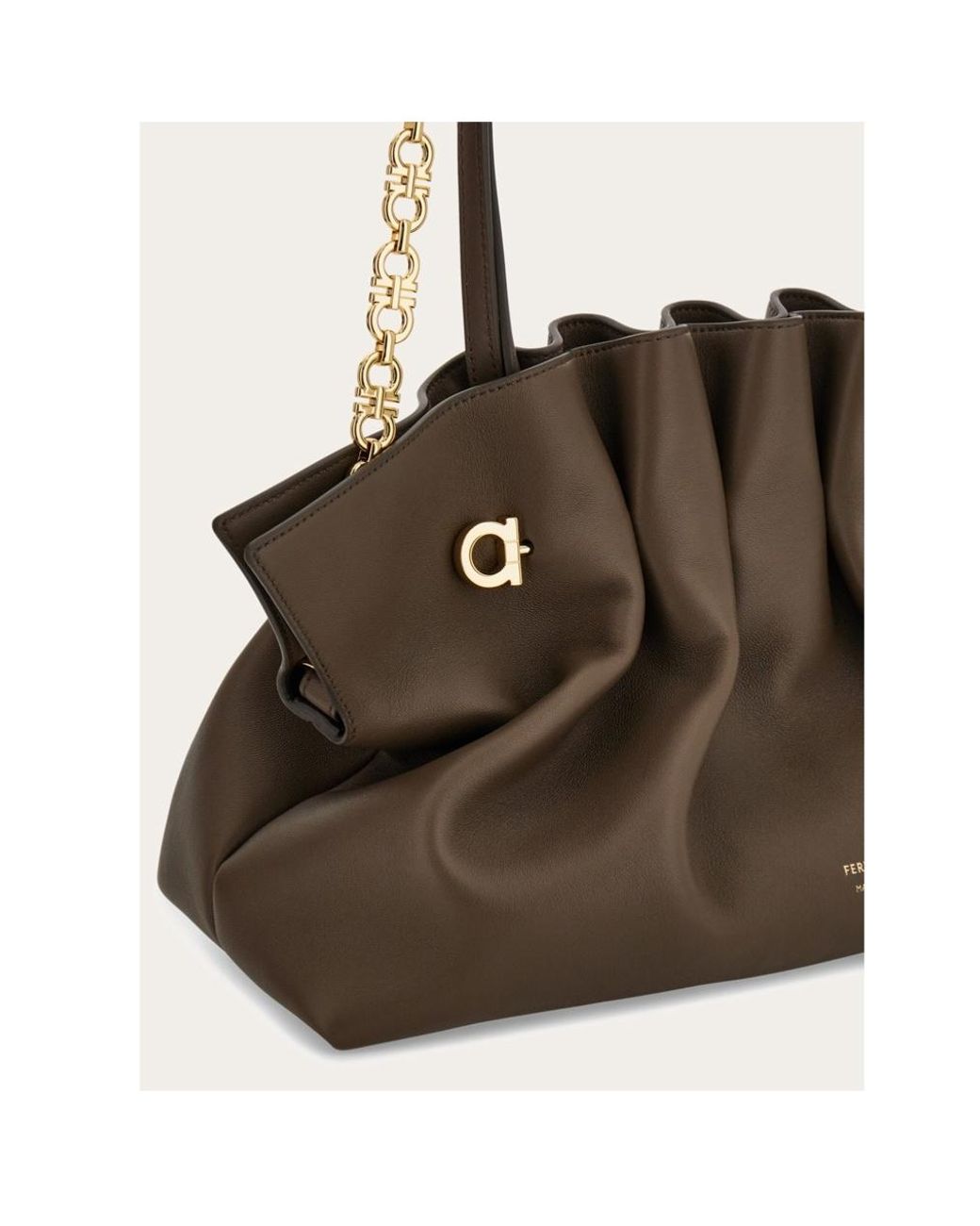 Ferragamo Brown Ferragamo Medium Soft Double-Gancini Gathered Shoulder Bag