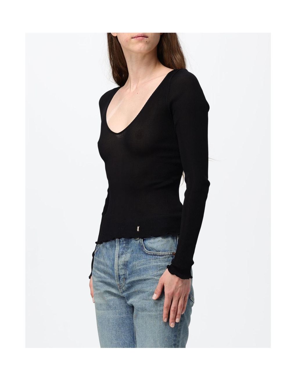 Saint Laurent Black Cassandre V-Neck Ribbed Top