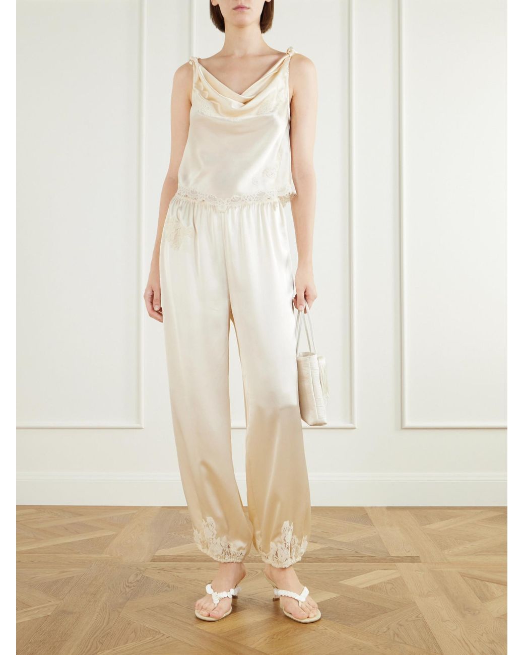 Doen White Gathered Lace-Trimmed Silk-Satin Top