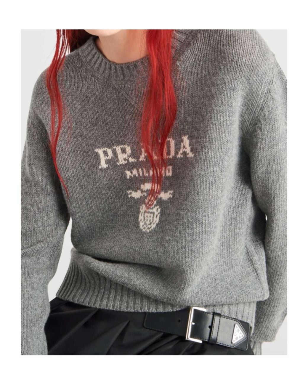 Prada Gray Cashmere And Wool Logo Crew-Neck Sweater