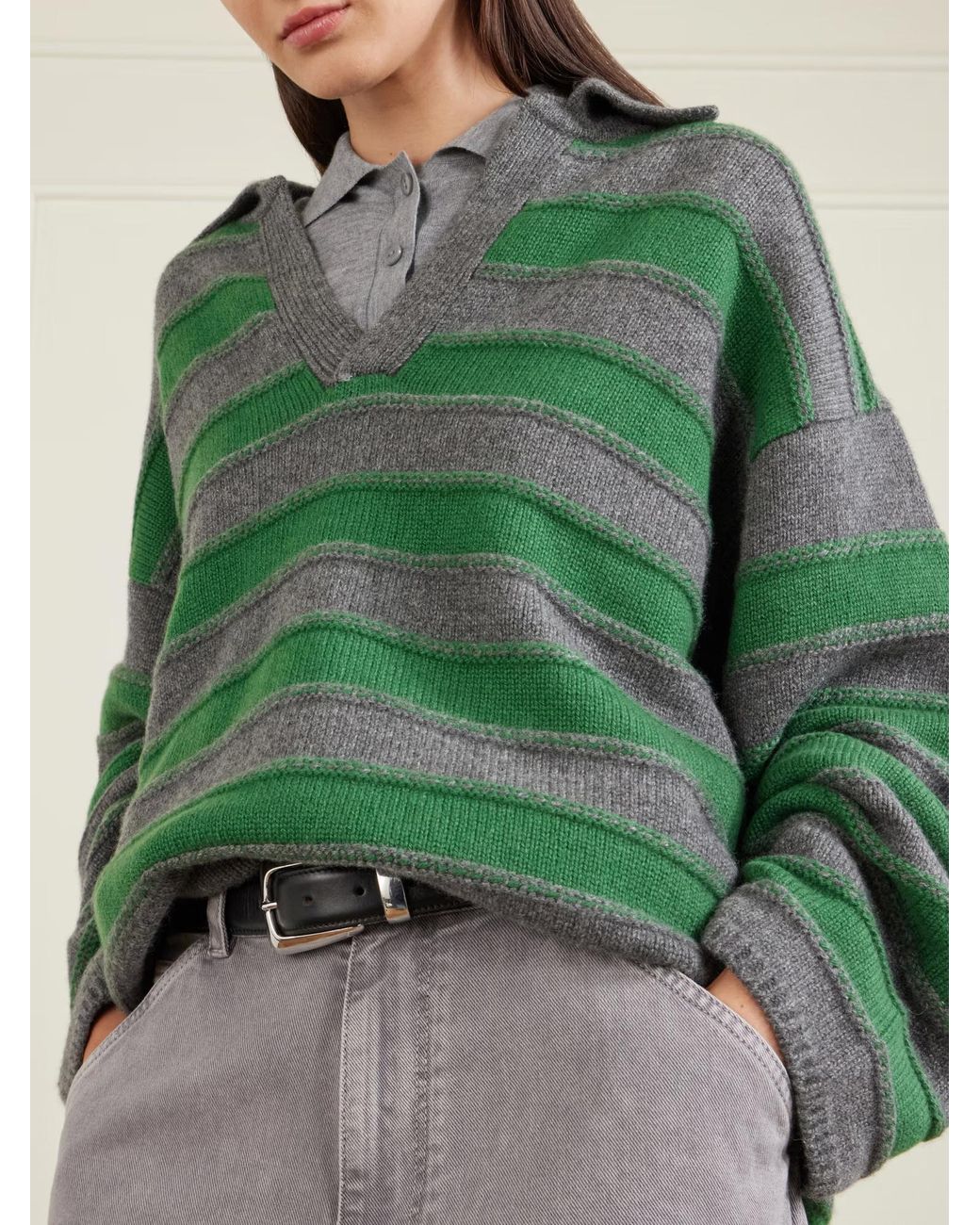 The Elder Statesman Green Dume Striped Cashmere Polo Sweater