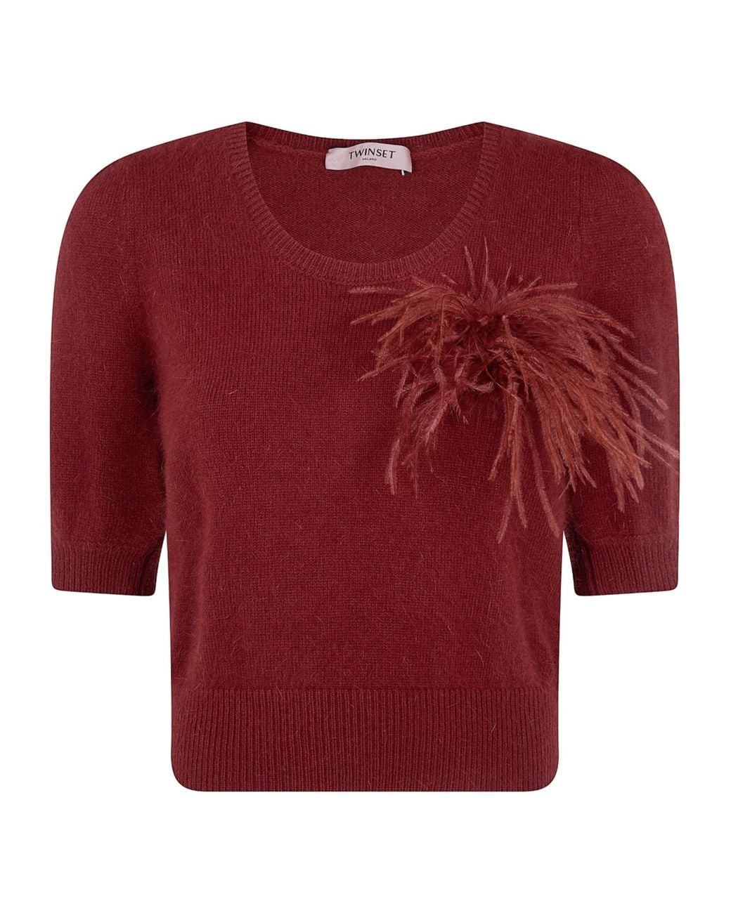Twinset Red Feather-Trim Knitted Sweater