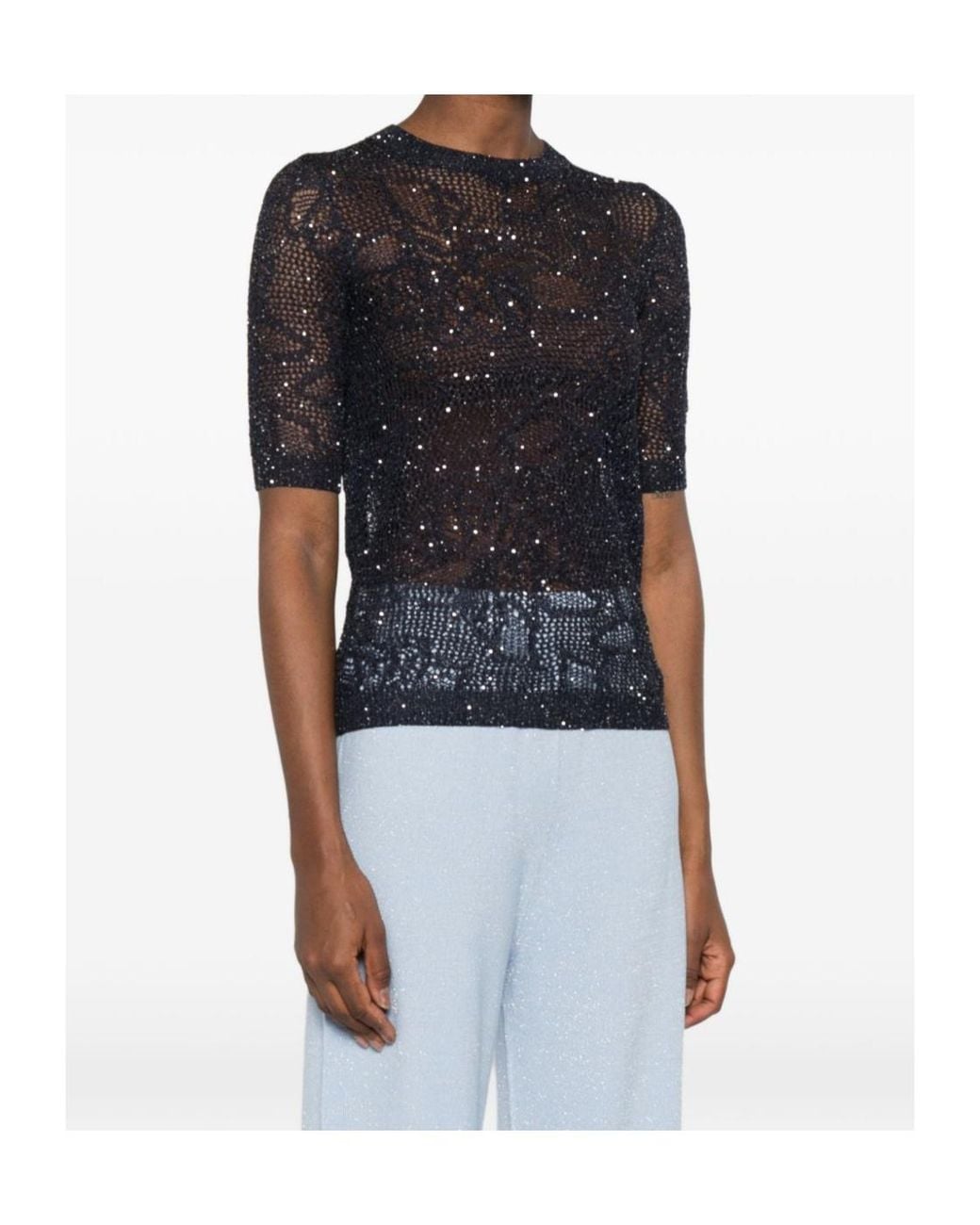 Fabiana Filippi Black Open-Knit Sparkle T-Shirt