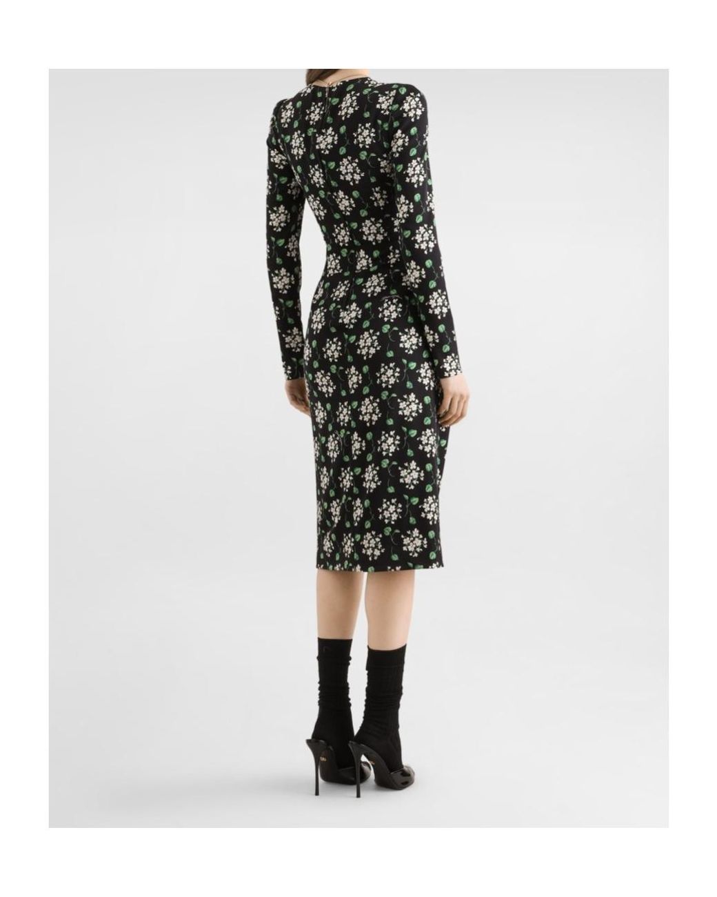 Dolce & Gabbana Black Ruched Floral Midi Dress