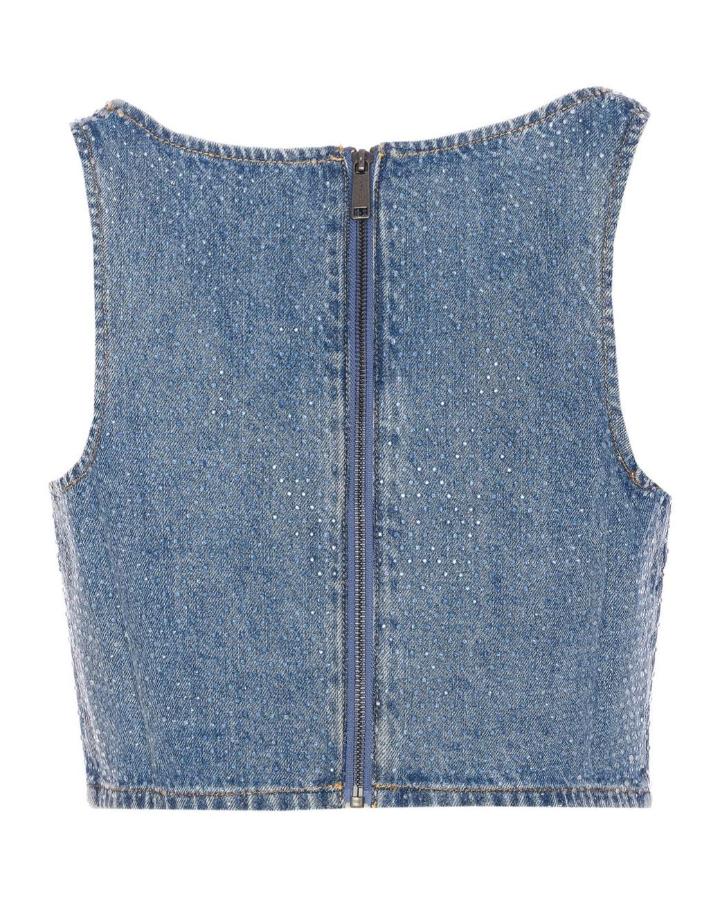 Self-Portrait Blue Embellished Denim Cropped Top